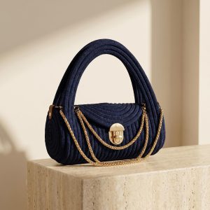 Navy Ribbed Knit Top Handle Shoulder Bag