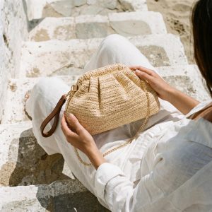 Ruched Straw Vacation Shoulder Clutch Bag