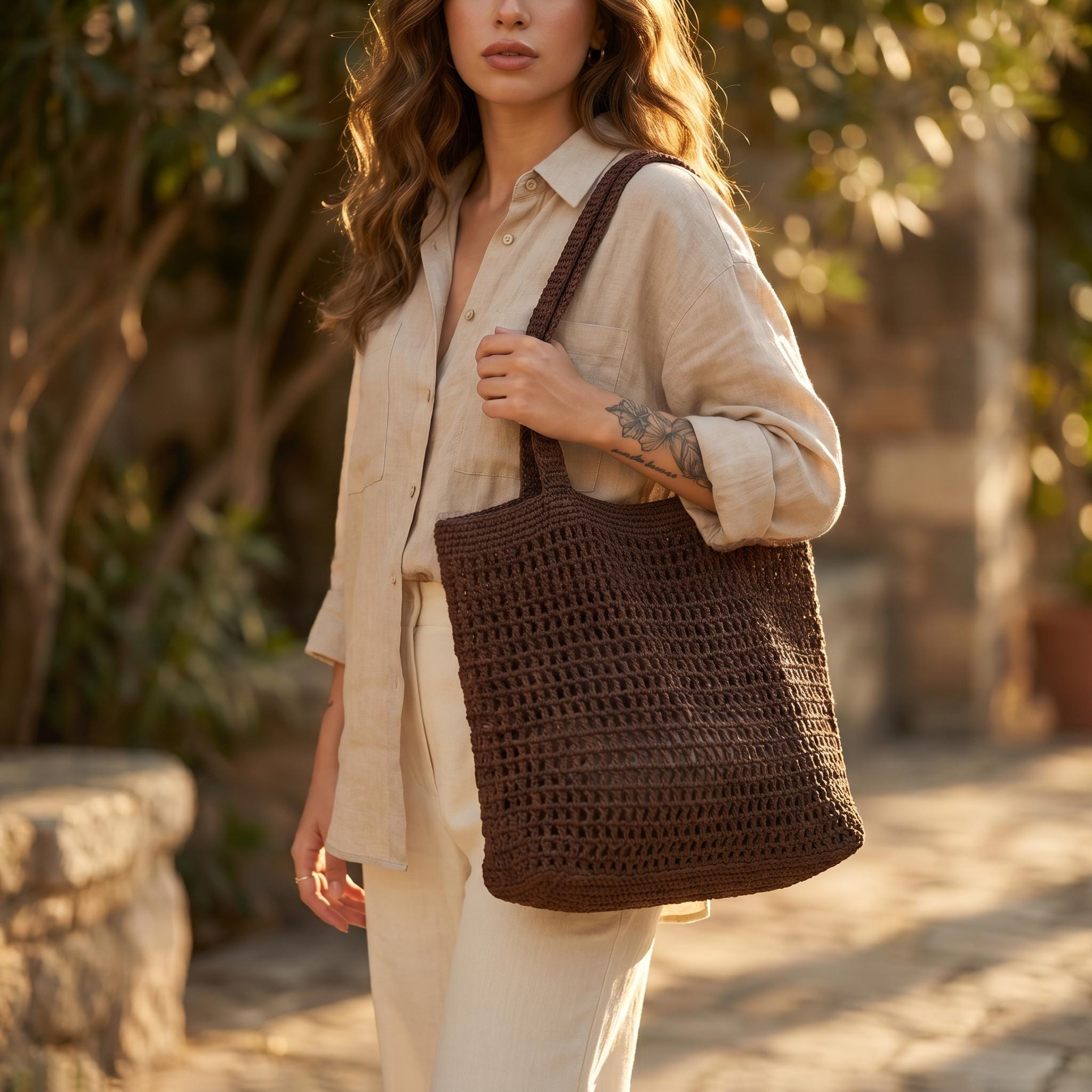 Brown Crochet Woven Tote Bag - Image 3