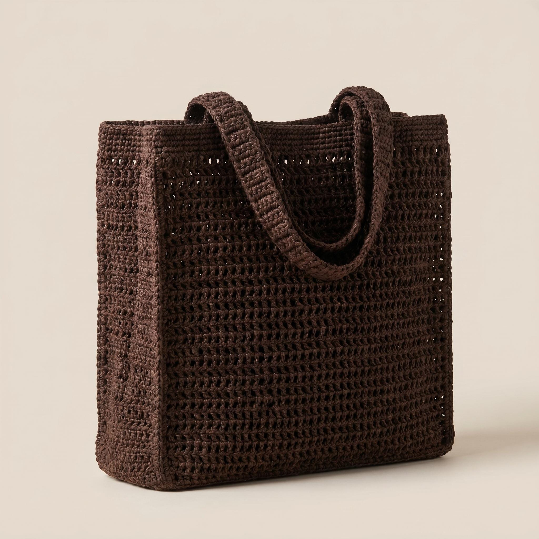 Brown Crochet Woven Tote Bag - Image 4