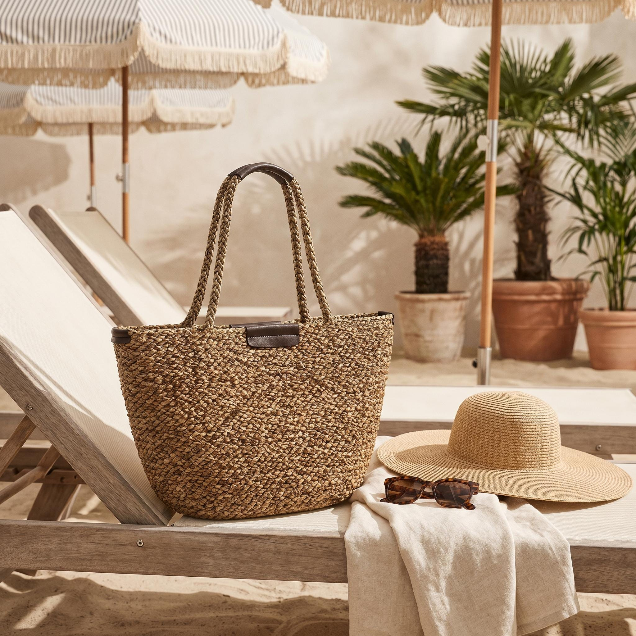 Natural Woven Straw Vacation Tote Bag