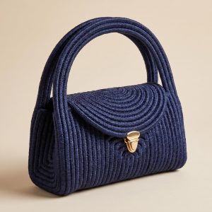Navy Ribbed Knit Structured Handbag