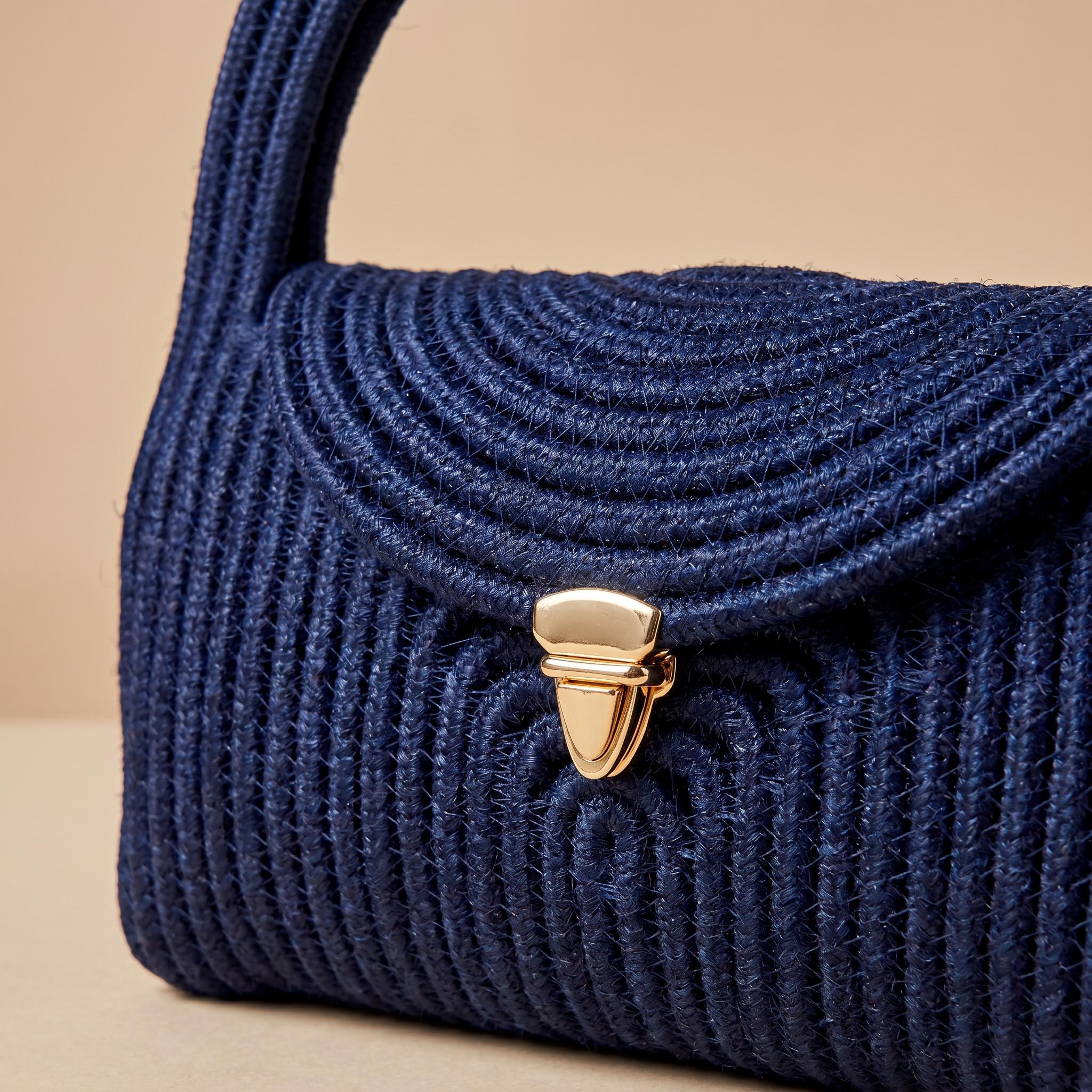 Navy Ribbed Knit Structured Handbag - Image 4