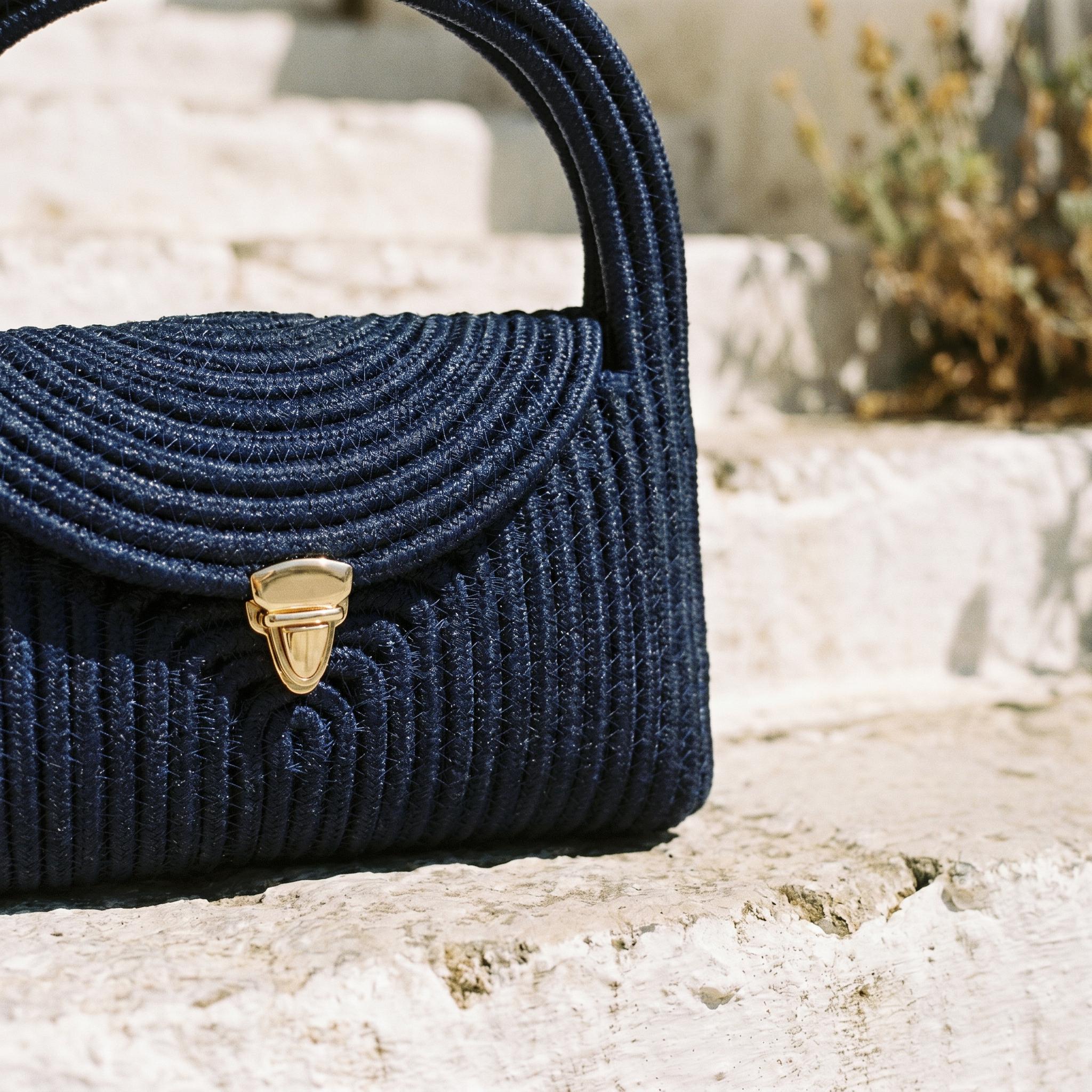 Navy Ribbed Knit Structured Handbag - Image 5