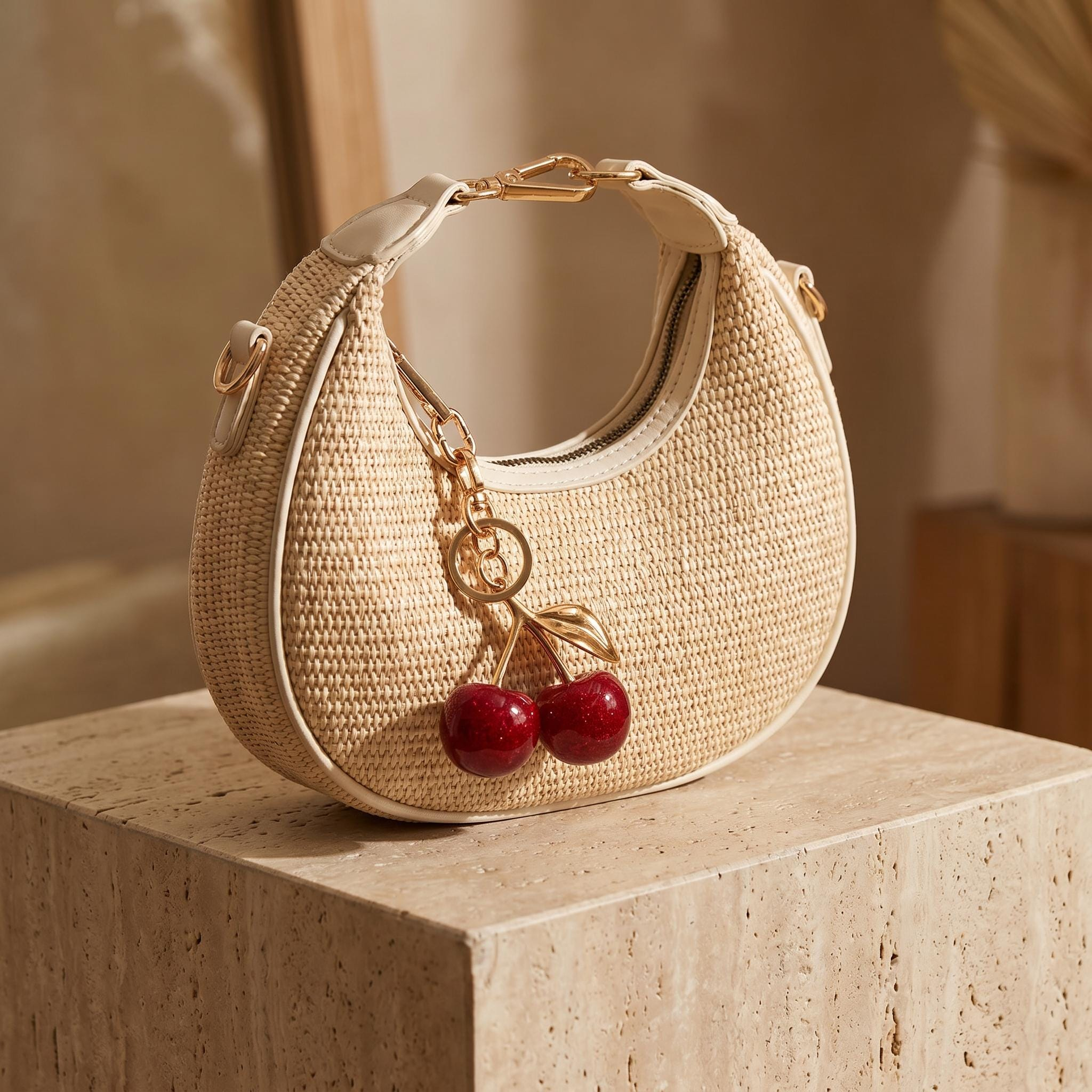 Cherry Charm Woven Vacation Shoulder Bag - Image 2