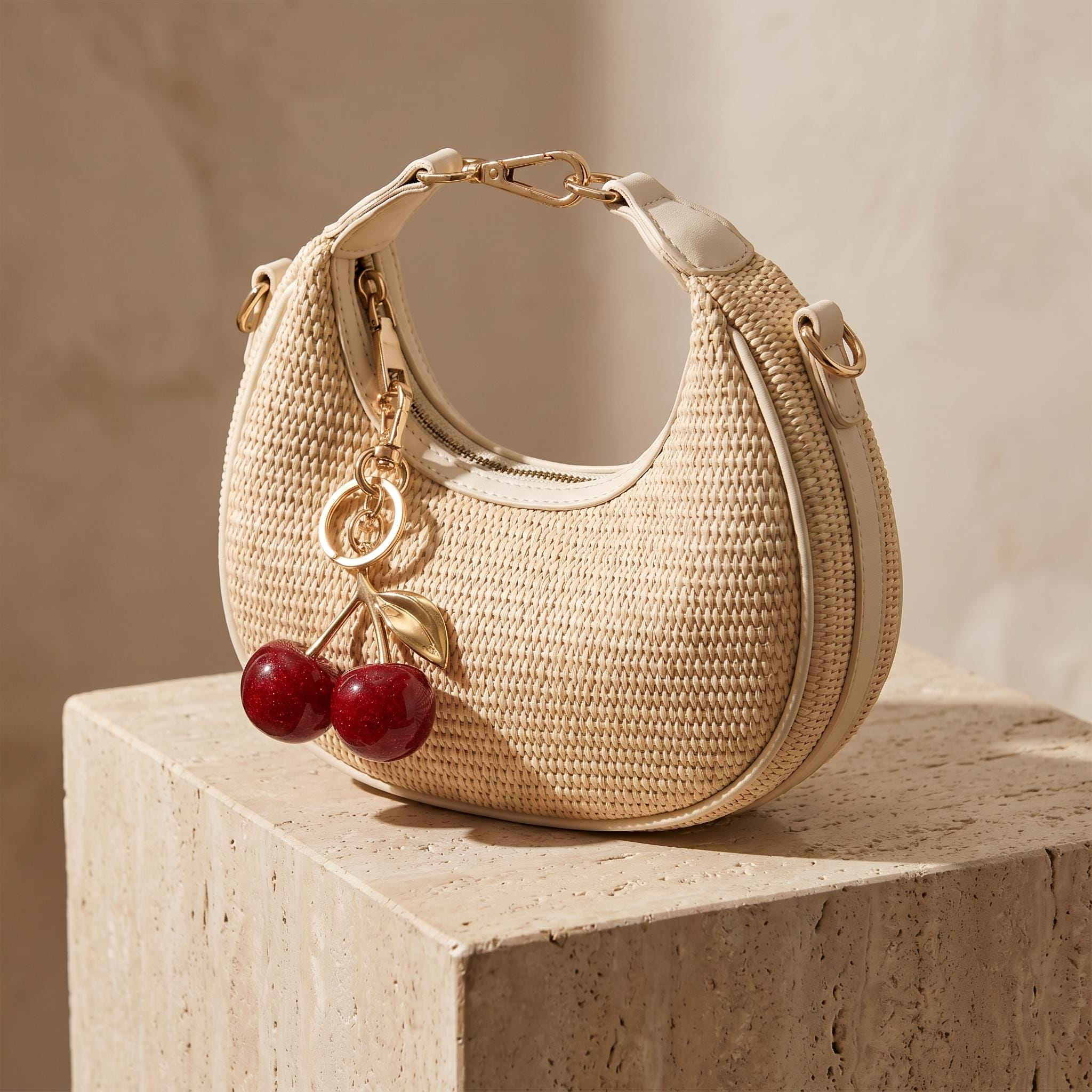 Cherry Charm Woven Vacation Shoulder Bag - Image 3