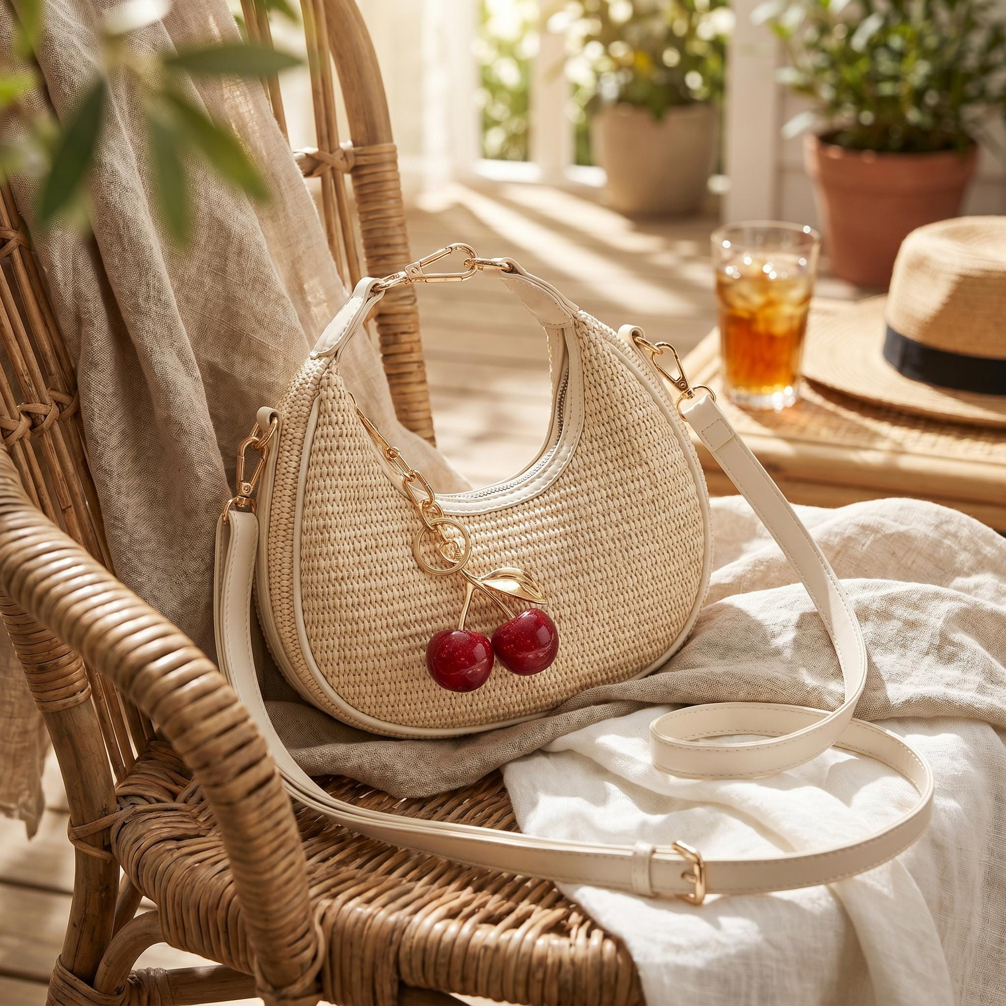 Cherry Charm Woven Vacation Shoulder Bag - Image 5