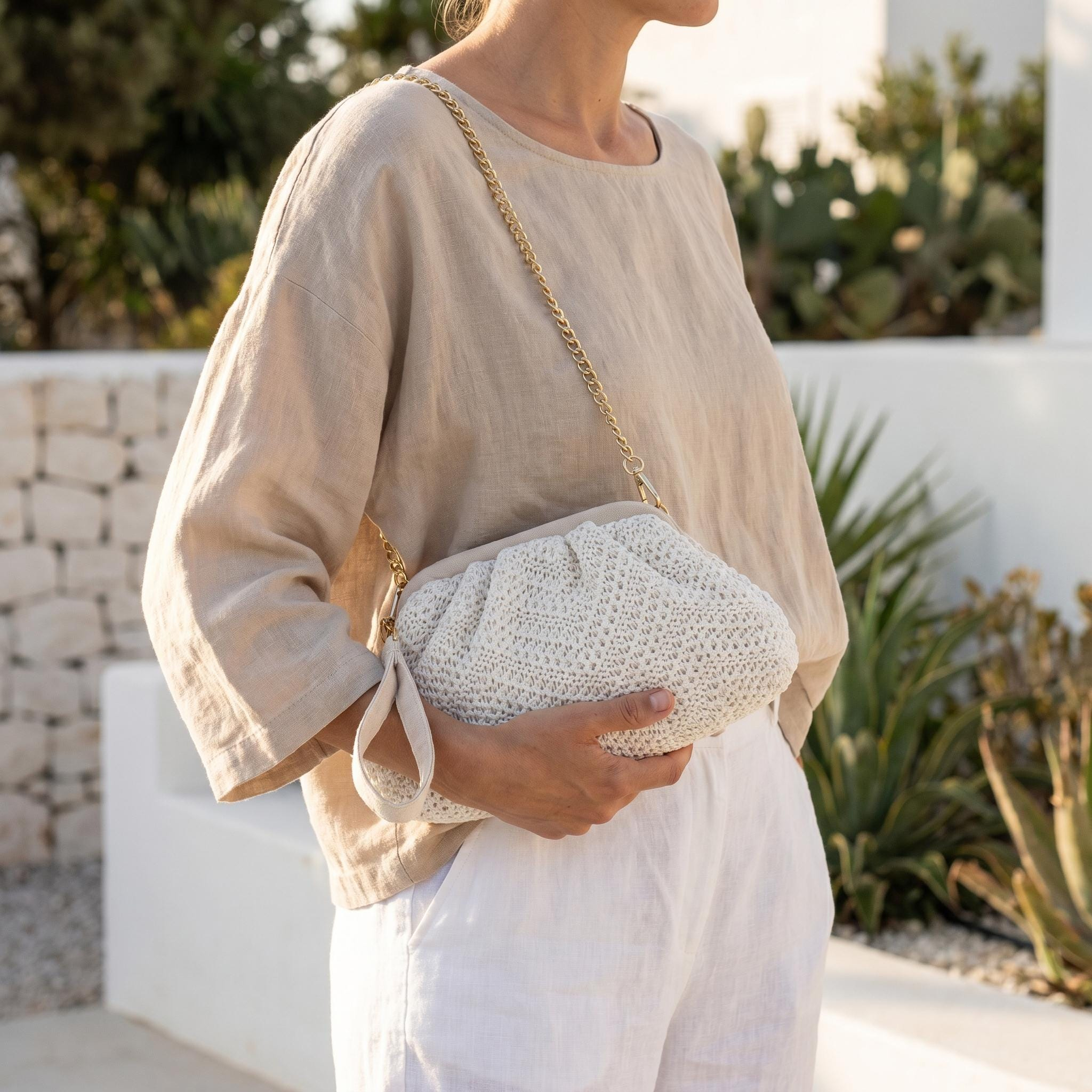 White Crochet Vacation Chain Clutch Bag