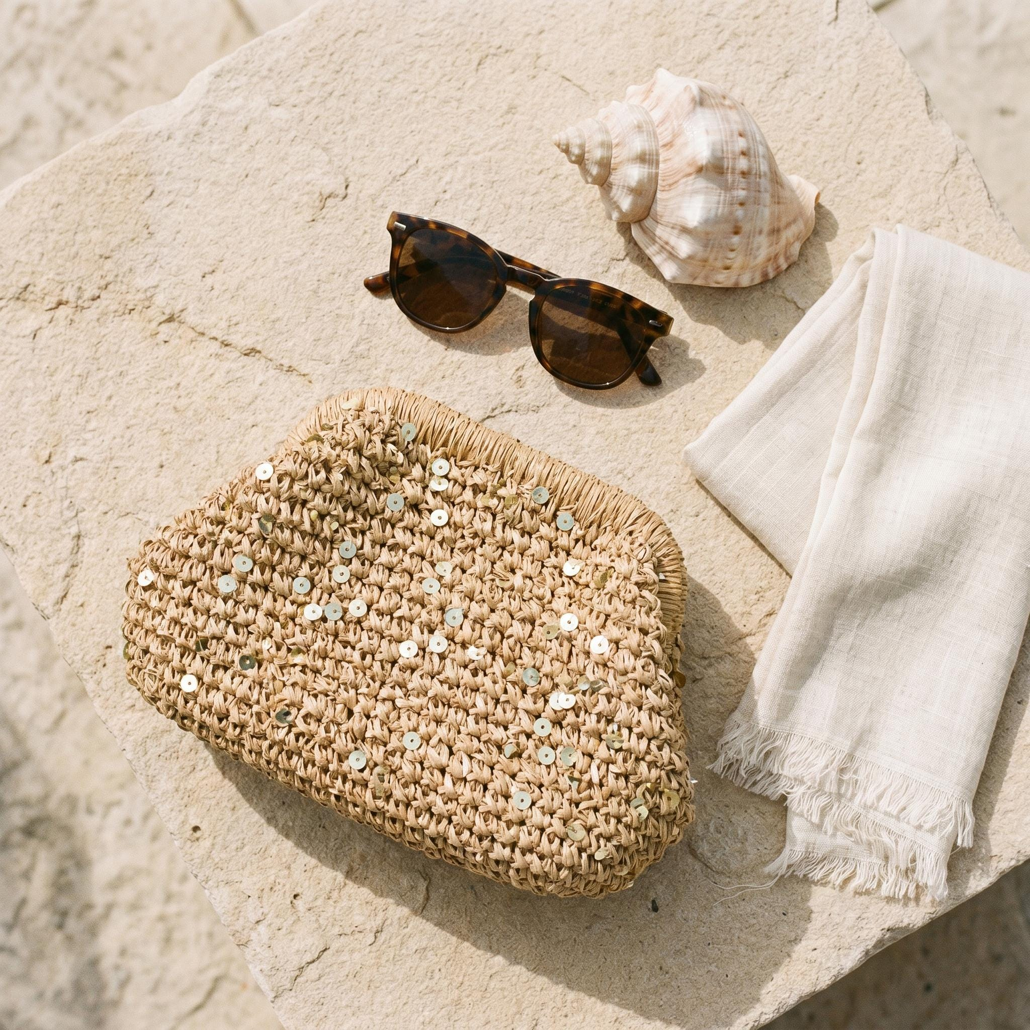Pearl Beaded Woven Vacation Clutch Bag