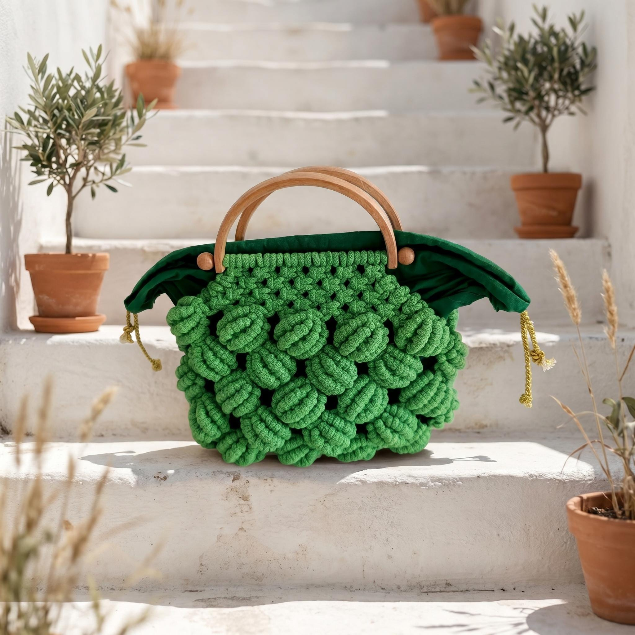 Green Macrame Woven Vacation Handbag - Image 3