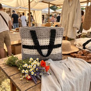 Gray Crochet Vacation Tote Bag with Black Handles