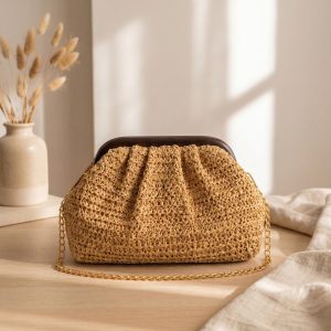 Ruched Woven Vacation Chain Clutch Bag