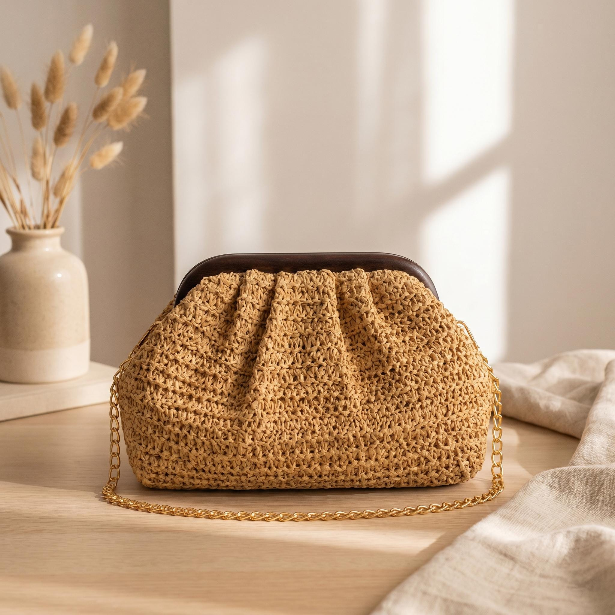 Ruched Woven Vacation Chain Clutch Bag