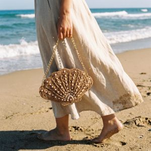 Pearl Shell Woven Vacation Clutch Bag