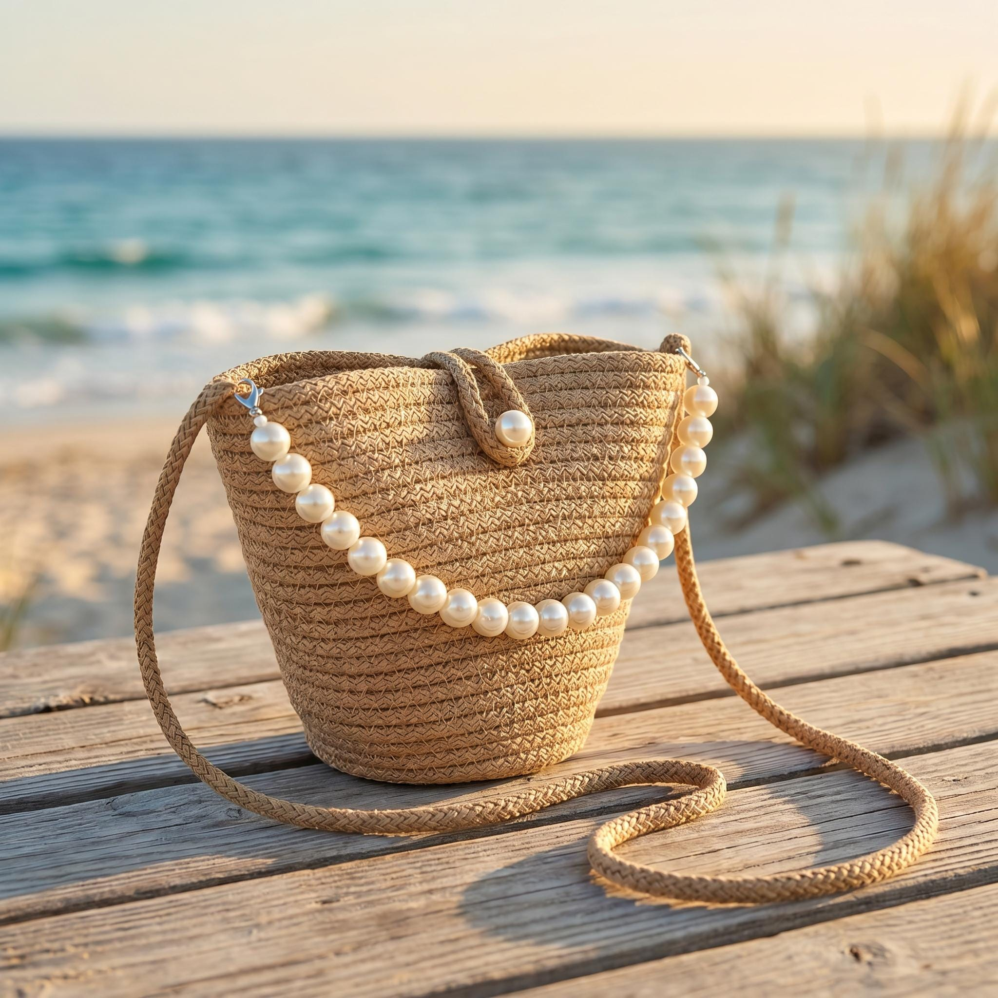 Pearl Handle Straw Vacation Bucket Bag - Image 2