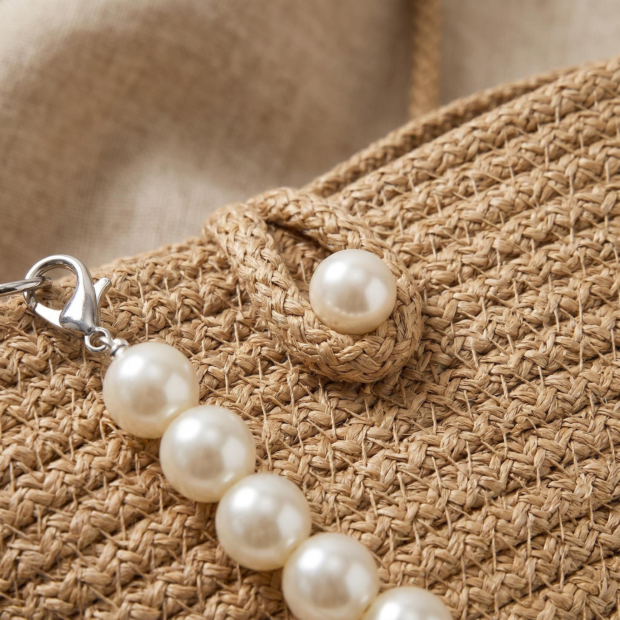 Pearl Handle Straw Vacation Bucket Bag - Image 4