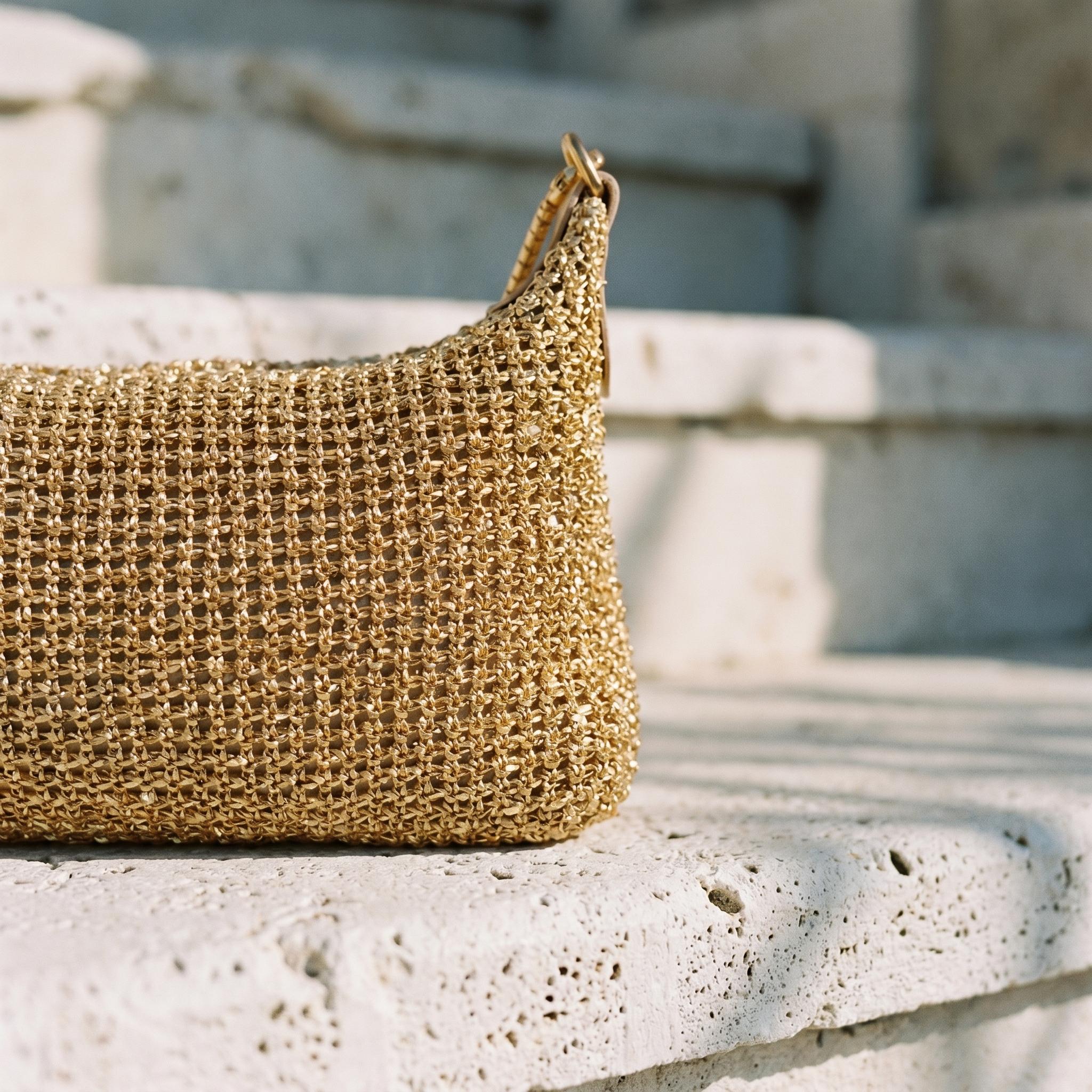Gold Woven Vacation Shoulder Bag with Chain Strap - Image 2