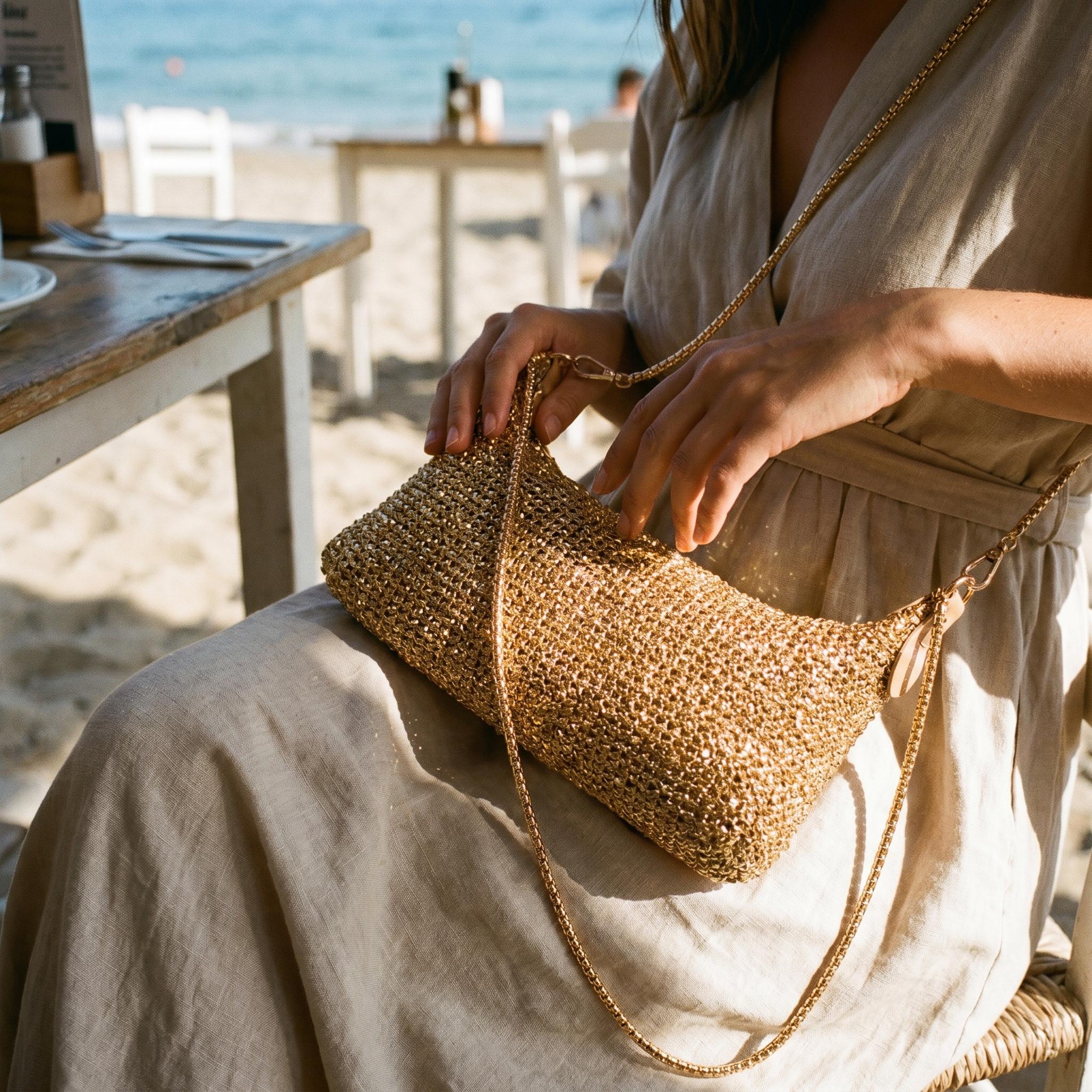 Gold Woven Vacation Shoulder Bag with Chain Strap - Image 4